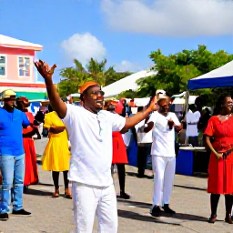 Caribbean Holidays, February Festivals, Colourful February street festival in Basseterre, Saint Kitts, with local musicians, dancers and visitors enjoying Caribbean culture