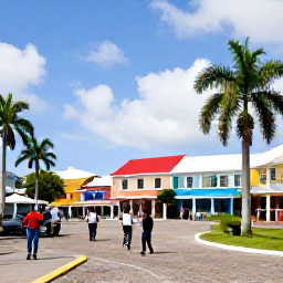 Caribbean Holidays, February Festivals, Historic Independence Square in Basseterre, Saint Kitts, with colourful buildings, palm trees and people exploring the town