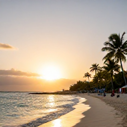 Caribbean Holidays, February Festivals, Warm Caribbean beach at sunset on Nevis, with calm turquoise water, palm trees and relaxed holiday visitors