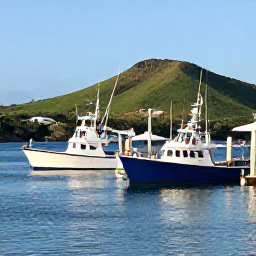 Caribbean Holidays, February Fishing, A bright February morning at a Caribbean marina on Saint Kitts, with fishing boats, calm blue water and green volcanic hills