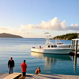 Caribbean Holidays, February Fishing, A bright February morning at a tropical marina in St Thomas, US Virgin Islands, with fishing boats, calm turquoise water and anglers preparing for a trip