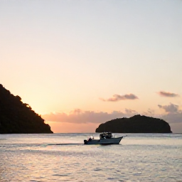 Caribbean Holidays, February Fishing, A calm fishing boat heading out from Dominica's rugged Caribbean coastline at sunrise in February