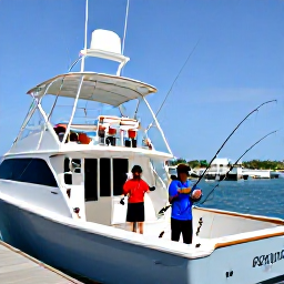Caribbean Holidays, February Fishing, A friendly fishing crew preparing rods and tackle on a modern boat in a Trinidad marina beneath a clear blue sky