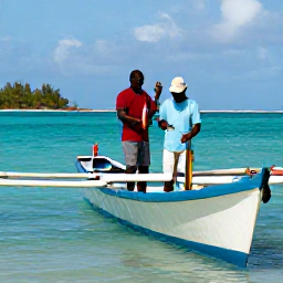 Caribbean Holidays, February Fishing, A friendly local fishing guide helping visitors land a fish beside a traditional boat in the Grenadines
