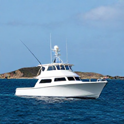 Caribbean Holidays, February Fishing, A modern charter boat travelling over deep blue water near the Turks and Caicos Islands, with fishing rods ready and rugged islands in the distance