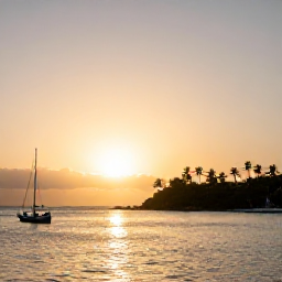 Caribbean Holidays, February Fishing, A peaceful Caribbean sunset over a fishing boat and palm-fringed island in Saint Vincent and the Grenadines