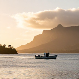 Caribbean Holidays, February Fishing, A peaceful Montserrat coastline at golden afternoon light with a fishing boat returning to shore
