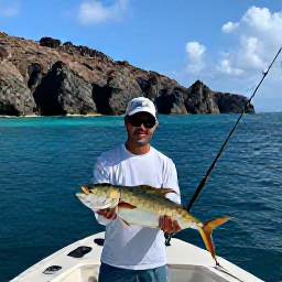 Caribbean Holidays, February Fishing, A relaxed angler enjoying a catch on a boat with Cura&ccedil;ao&rsquo;s rugged coastline in the background
