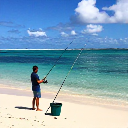 Caribbean Holidays, February Fishing, A relaxed angler enjoying an afternoon on a tropical Trinidad and Tobago beach with fishing gear nearby and calm turquoise water