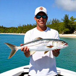 Caribbean Holidays, February Fishing, A relaxed angler holding a fresh catch beside a charter boat in Tobago, with turquoise sea and a sandy beach behind