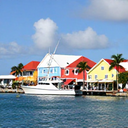 Caribbean Holidays, February Fishing, A relaxed waterfront scene in Charlotte Amalie, St Thomas, with a fishing charter returning to the marina, colourful buildings and palm trees
