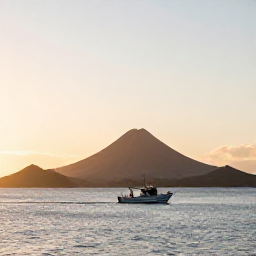 Caribbean Holidays, February Fishing, A small fishing boat heading out from Montserrat at sunrise, with volcanic hills and calm Caribbean Sea
