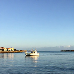 Caribbean Holidays, February Fishing, A small fishing boat leaving a bright Cura&ccedil;ao harbour at sunrise, calm Caribbean water and clear blue sky