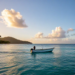 Caribbean Holidays, February Fishing, A small fishing boat leaving a turquoise Caribbean bay at sunrise near Saint Vincent and the Grenadines