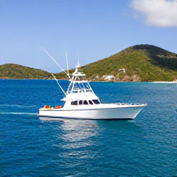 Caribbean Holidays, February Fishing, A sport-fishing boat heading across clear blue Caribbean water near St Thomas, with rugged green islands and a sunny February sky in the background