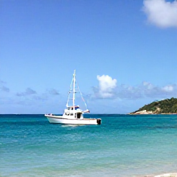 Caribbean Holidays, February Fishing, A sunny fishing boat leaving a turquoise Caribbean bay in Saint Vincent and the Grenadines during February