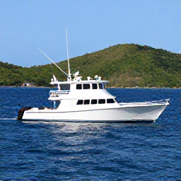 Caribbean Holidays, February Fishing, A well-equipped sport fishing boat travelling across deep blue water off Trinidad's coastline with green hills in the distance