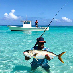 Caribbean Holidays, February Fishing, An angler reeling in a colourful dorado beside a fishing boat in clear tropical waters near Tobago