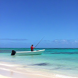 Caribbean Holidays, February Fishing, An experienced local fishing guide helping an angler cast from a skiff across shallow clear flats near Providenciales, Turks and Caicos, in February