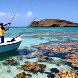 Caribbean Holidays, February Fishing, Angler casting from a boat beside Bonaire&rsquo;s colourful coral reef, clear Caribbean water and rugged coastline