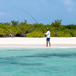 Caribbean Holidays, February Fishing, Angler casting from a shallow turquoise flat surrounded by mangroves and white sand in Turks and Caicos, with a guide nearby