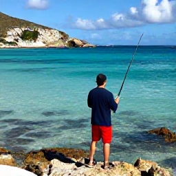 Caribbean Holidays, February Fishing, Angler casting from rocky Caribbean coast near Saint Martin, clear shallow water, tropical fish and rugged shoreline