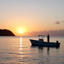 Caribbean Holidays, February Fishing, Angler enjoying a peaceful February sunset beside a fishing boat near Saint Kitts, with Nevis visible across calm Caribbean water