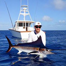 Caribbean Holidays, February Fishing, Angler fighting a powerful blue marlin from a modern charter boat in the deep blue water near Punta Cana
