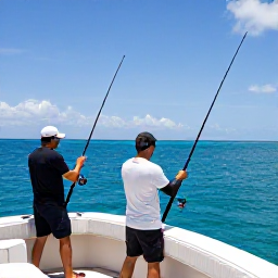 Caribbean Holidays, February Fishing, Anglers enjoying a deep sea fishing trip off Saint Lucia, rods bending over turquoise water beneath a sunny Caribbean sky
