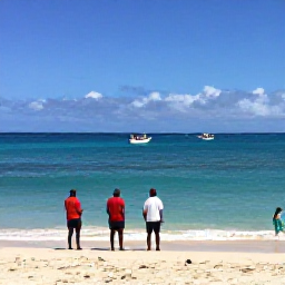 Caribbean Holidays, February Fishing, Anglers on a bright Caribbean shoreline in Saint Martin and Sint Maarten, calm turquoise sea and fishing boats in the distance