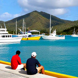 Caribbean Holidays, February Fishing, Anglers relaxing beside a colourful waterfront in Kingstown, Saint Vincent, with fishing boats and green hills in the background