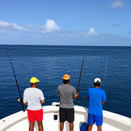 Caribbean Holidays, February Fishing, Deep-sea fishing boat off the coast of Saint Kitts, anglers preparing rods while blue Caribbean water stretches towards the horizon