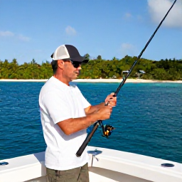 Caribbean Holidays, February Fishing, Experienced Saint Lucian fishing guide preparing rods and reels on a modern boat, tropical coastline in the background