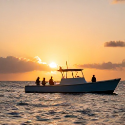 Caribbean Holidays, February Fishing, Fishing charter guests enjoying a golden sunset over the Caribbean Sea in Trinidad and Tobago