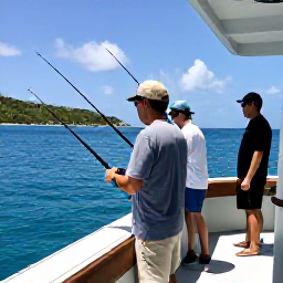 Caribbean Holidays, February Fishing, Friendly anglers enjoying a deep-sea fishing charter near the US Virgin Islands, with fishing rods, a shaded boat deck and calm turquoise Caribbean water