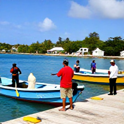Caribbean Holidays, February Fishing, Friendly anglers returning to a Caribbean harbour after a February fishing trip, with colourful boats and island scenery