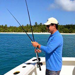 Caribbean Holidays, February Fishing, Friendly fishing guide preparing rods and tackle on a charter boat beside the Dominican Republic coastline
