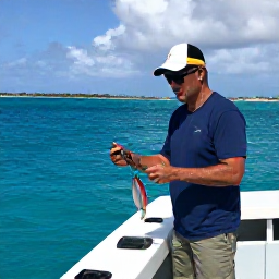 Caribbean Holidays, February Fishing, Friendly fishing guide preparing tackle on a boat beside Cura&ccedil;ao&rsquo;s turquoise coastline