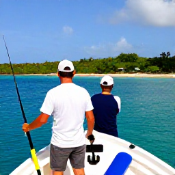 Caribbean Holidays, February Fishing, Friendly local fishing captain helping visitors on a small boat near the coast of Nevis, with rods and colourful Caribbean sea