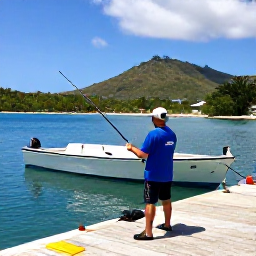 Caribbean Holidays, February Fishing, Friendly local fishing guide preparing rods beside a boat in a peaceful Montserrat harbour