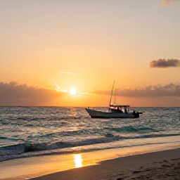 Caribbean Holidays, February Fishing, Golden sunset over a Dominican Republic beach with a fishing boat offshore and calm Caribbean waves