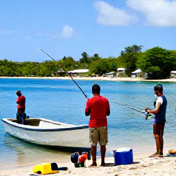 Caribbean Holidays, February Fishing, Local fishermen preparing rods and tackle beside a small boat in a colourful Dominica harbour