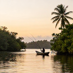 Caribbean Holidays, February Fishing, Local Trinidad fishermen casting from a mangrove-lined river at sunrise, with calm water and tropical vegetation