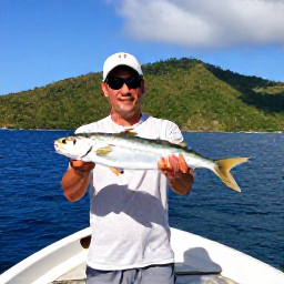 Caribbean Holidays, February Fishing, Relaxed angler holding a fresh catch beside a fishing boat in Saint Lucia, emerald hills and calm Caribbean sea behind