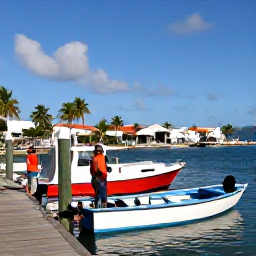 Caribbean Holidays, February Fishing, Relaxed travellers returning to a sunny British Virgin Islands marina after a fishing trip, colourful boats and palm-lined waterfront
