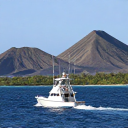 Caribbean Holidays, February Fishing, Small sport-fishing boat approaching Sint Eustatius with volcanic slopes and green Caribbean coastline in the background