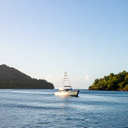 Caribbean Holidays, February Fishing, Sport fishing boat leaving a calm Caribbean harbour in Saint Lucia at sunrise, bright blue sea and green volcanic coastline