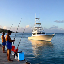Caribbean Holidays, February Fishing, Sport fishing boat leaving a marina in Sint Maarten at sunrise, anglers preparing rods and tackle on a calm blue sea
