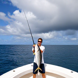 Caribbean Holidays, February Fishing, Sport-fishing boat on deep blue Caribbean water near Turks and Caicos, angler holding a large fish with dramatic open sea behind
