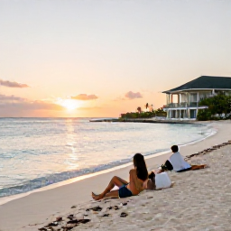 Caribbean Holidays, February Getaway, Couple relaxing on a quiet white-sand beach at sunset in Turks and Caicos, with calm turquoise sea and a stylish adults-only resort nearby